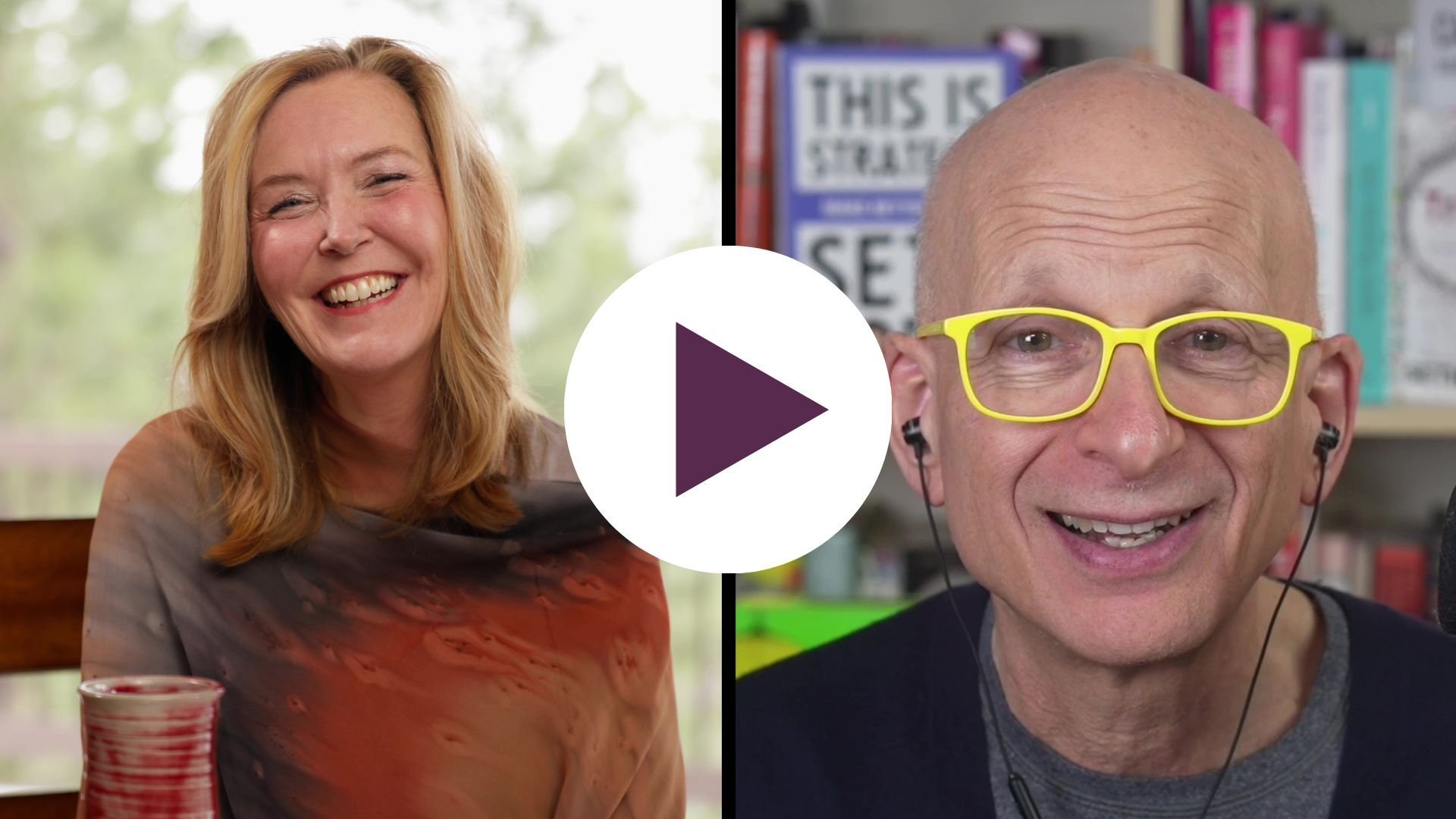 split screen with Jill and Seth, accompanied by a play button. Clickable.